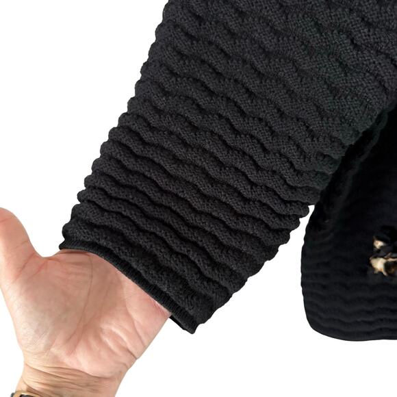 Chico's Womens Cardigan Sweater Size 3 XL 16 Black Leopard Ruffle Lace Trim Work - Picture 6 of 10